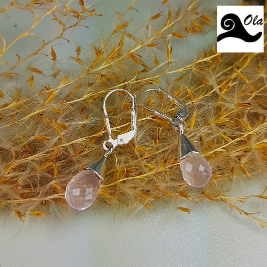 Silberoherhänger mit Rosenquarz, Tropfen, Handarbeit