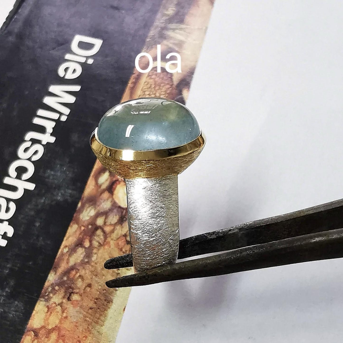 Handgefertigter Silberring mit Aquamarin (vergoldet)