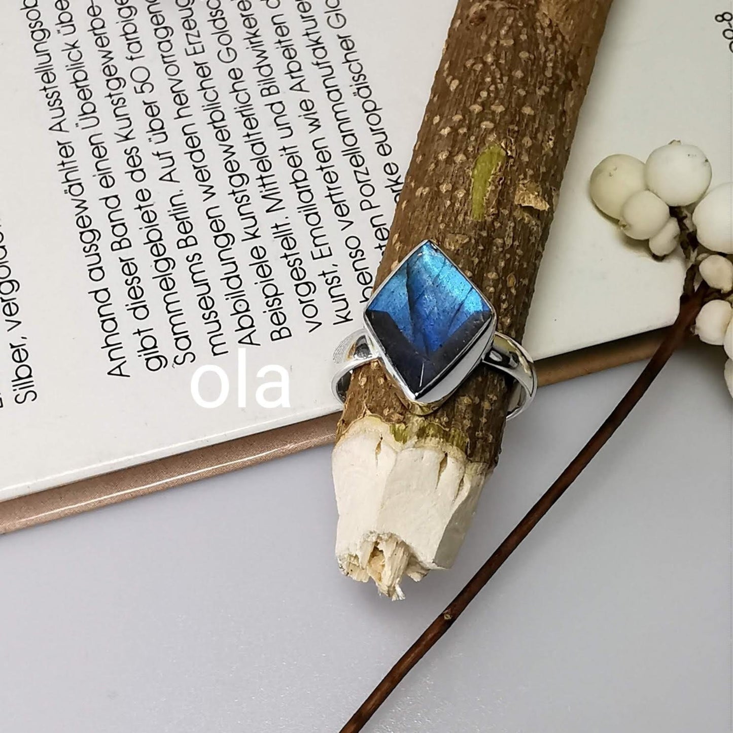 Exzentrischer Labradororit-Ring in Silber gefasst