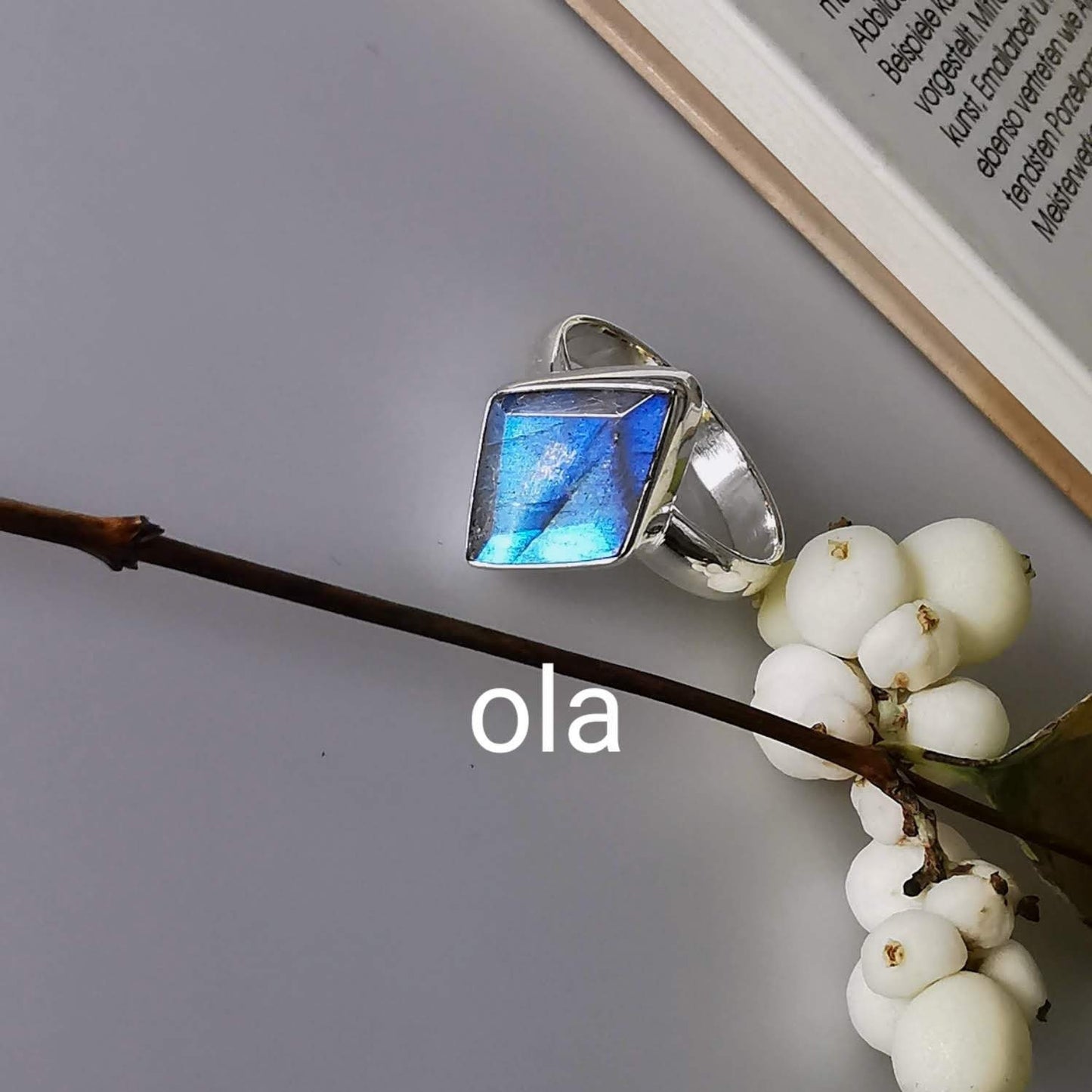 Exzentrischer Labradororit-Ring in Silber gefasst