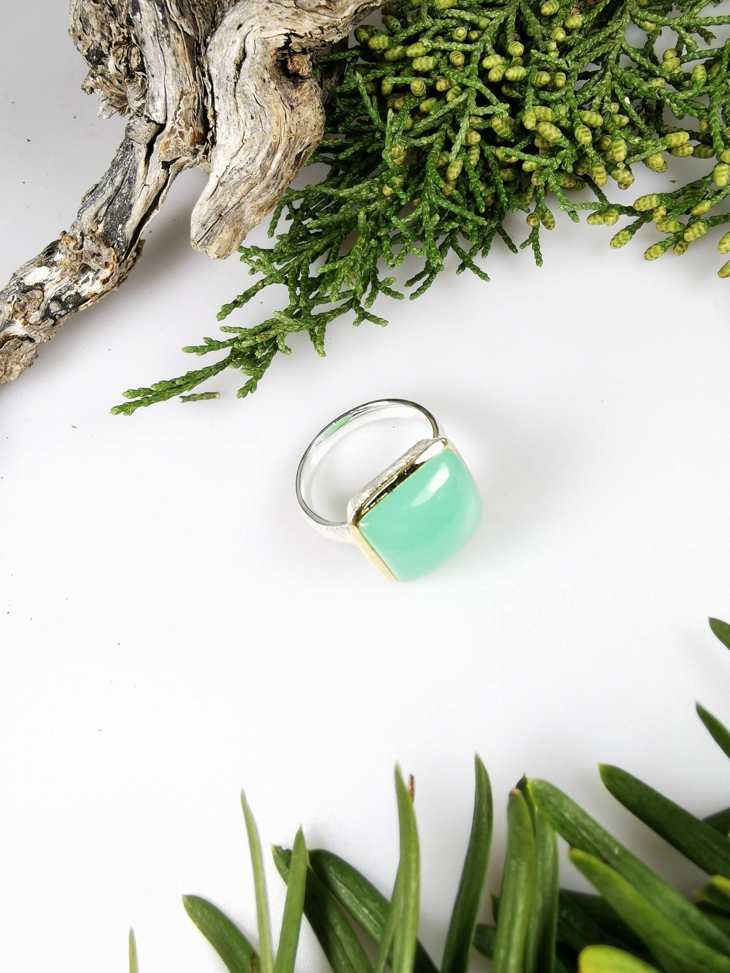 Silber Ring mit Chrysopras in vergoldeter Fassung